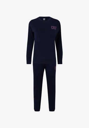 Conjunto de sudadera azul marino de manga larga y pantalones jogger a juego con el logo "CR7" en burdeos en el pecho y el muslo.