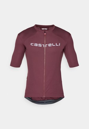 Maillot de ciclismo de manga corta en burdeos profundo con cremallera frontal completa. Presenta texto de logo en blanco y un panel trasero de malla para ventilación.