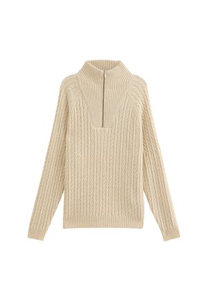 Beige trui met hoge kraag, voorzien van een halve rits en een gestructureerd kabelbreipatroon. Lange mouwen en geribbelde zoomdetails.
