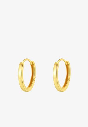 Boucles d'oreilles créoles dorées avec une finition lisse et polie. Le design présente une forme arrondie et épurée, ainsi qu'un mécanisme de fermeture sécurisé.