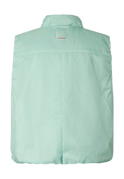 Lysegrøn, ærmeløs puffervest med høj krave og lille rektangulært logo påsyet centreret under kraven på ryggen.