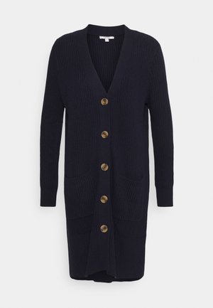 Langer schwarzer Rippstrick-Cardigan mit V-Ausschnitt, fünf braunen Knöpfen, langen Ärmeln und zwei vorderen Taschen.