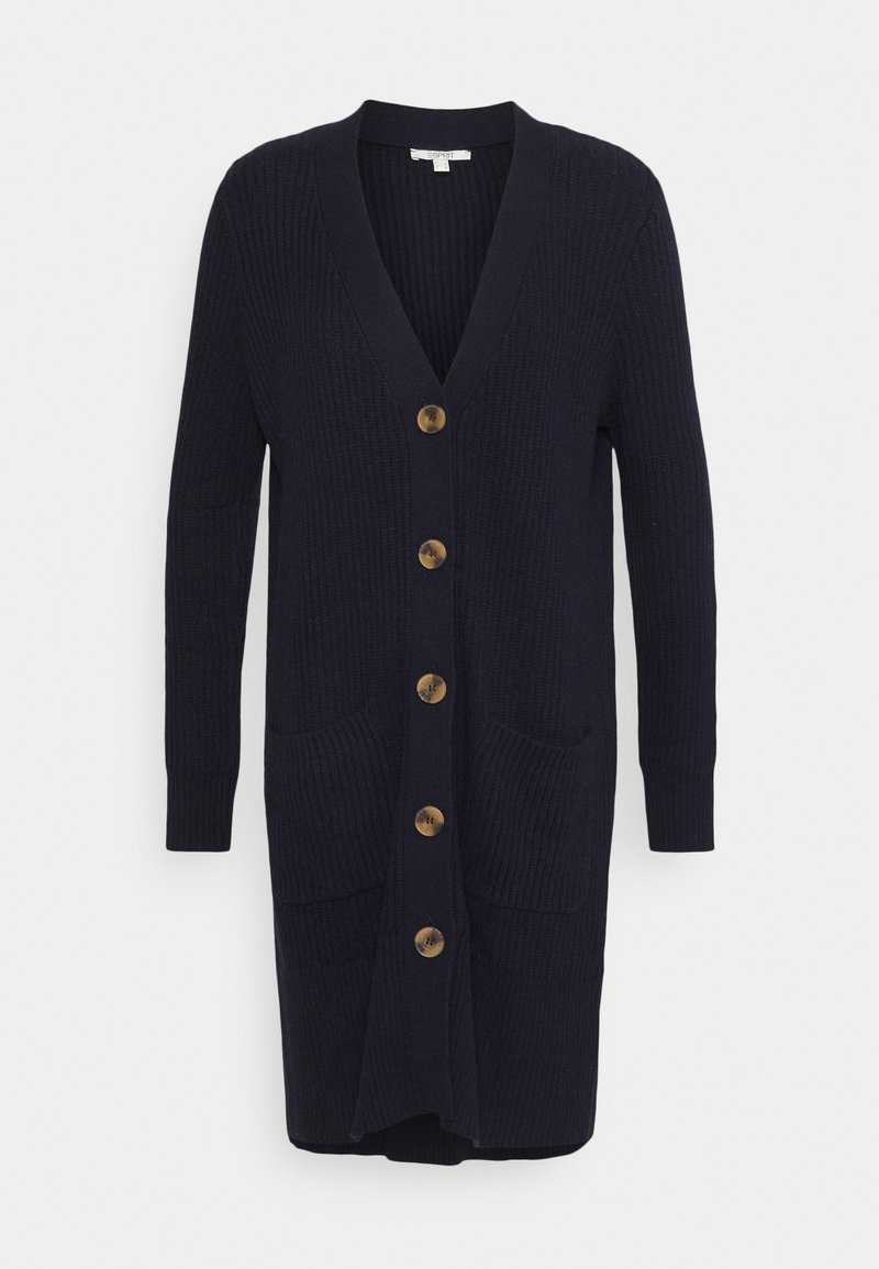 Cardigan long noir en maille côtelée avec col en V, cinq boutons marron, manches longues et deux poches avant.