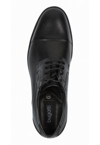 Chaussure de ville noire en cuir poli pour homme, à lacets, bout arrondi avec marquage Bugatti à l’intérieur, taille 41.