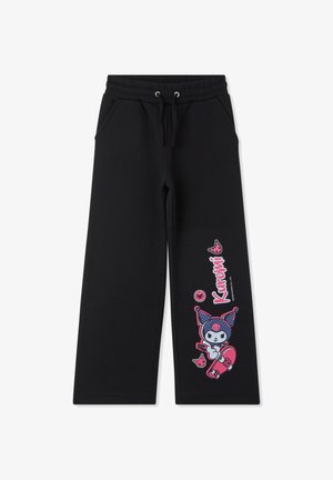 Czarne dresowe spodnie z elastycznym pasem, dwoma bocznymi kieszeniami oraz kolorową grafiką przedstawiającą postać z kreskówki na lewym udzie.