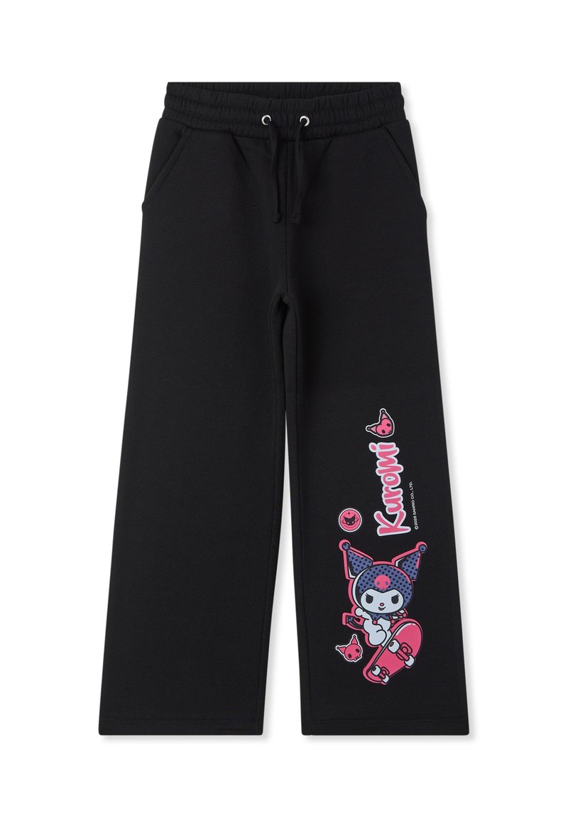 Czarne dresowe spodnie z elastycznym pasem, dwoma bocznymi kieszeniami oraz kolorową grafiką przedstawiającą postać z kreskówki na lewym udzie.