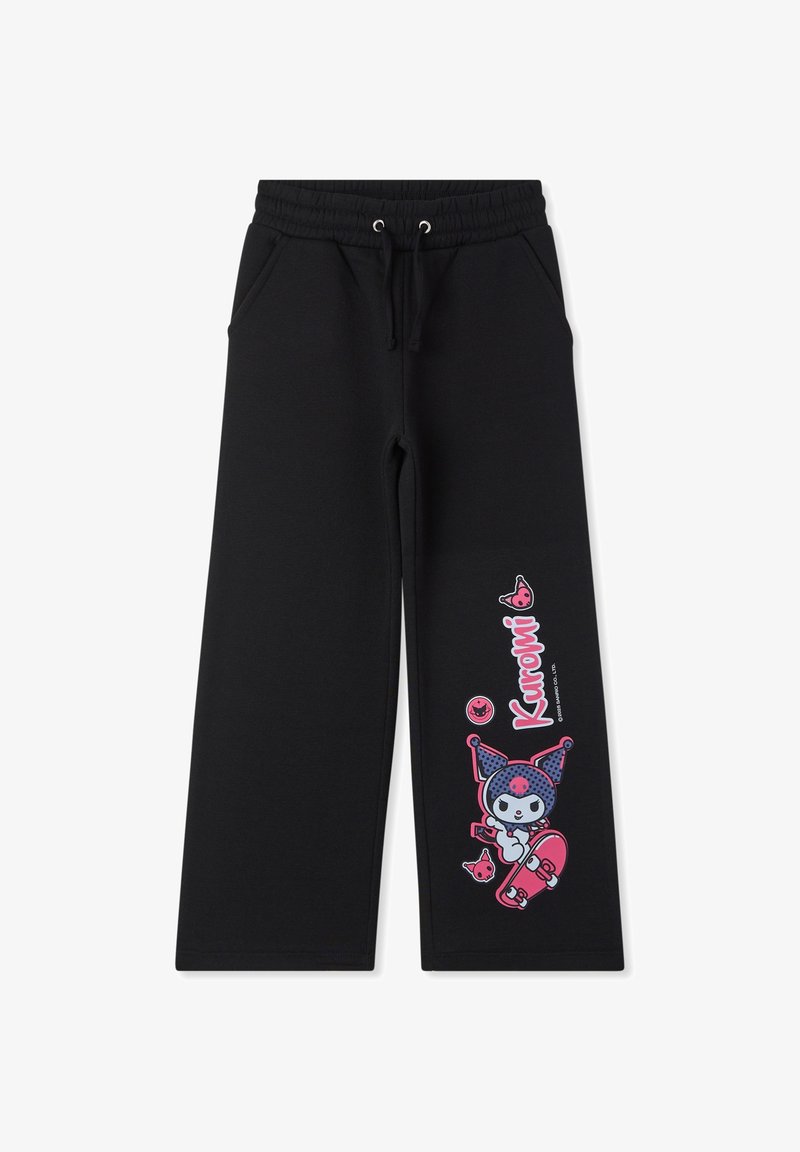 Pantaloni sportivi neri con vita elastica, due tasche laterali e una grafica colorata che presenta un personaggio dei cartoni animati sulla gamba sinistra.