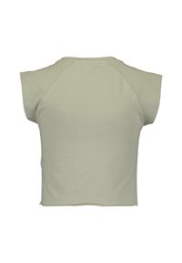 Light green short-sleeve cropped t-shirt with a ribbed texture, round neckline, and a raw edge hem; simple, clean design without embellishments.