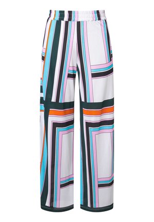 Bukser med vidde i benene og elastisk talje, med vertikale og horisontale geometriske striber i hvid, sort, pink, blå, orange og grøn.
