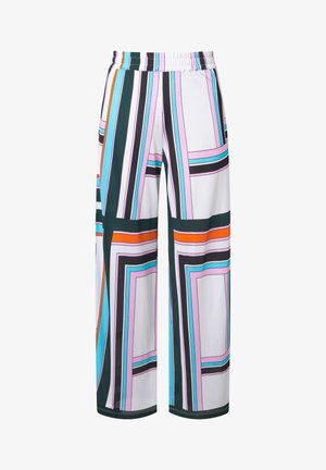 Pantalones de pierna ancha con cintura elástica, con rayas geométricas verticales y horizontales en blanco, negro, rosa, azul, naranja y verde.