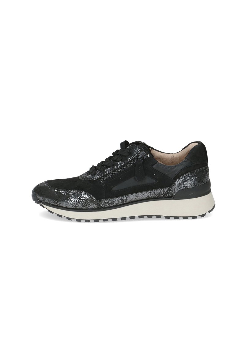 Sneaker con un design testurizzato nero, dotato di lacci e una cerniera; ha una suola bianca con trazione per comfort e stile.