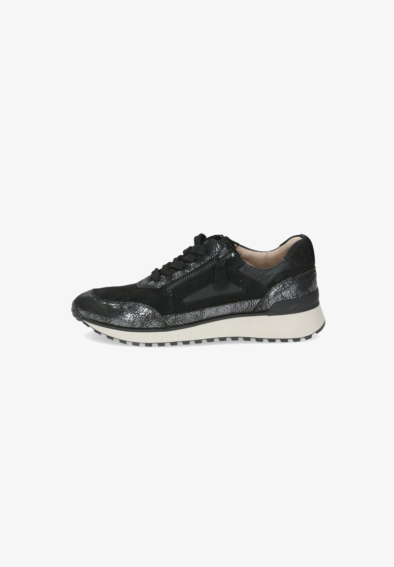 Baskets avec un design texturé noir comportant des lacets et une fermeture éclair ; elles ont une semelle blanche avec une traction pour le confort et le style.