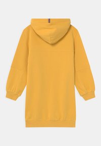Żółta sukienka z kapturem z kieszenią kangurką, ściągaczami na rękawach i na dole, z kolorowym paskiem na szwie kaptura. Miękka tkanina, luźny krój.