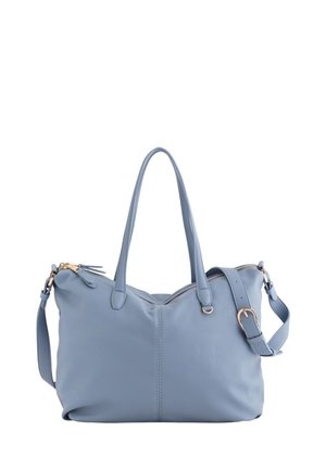 Helle blaue Lederhandtasche mit doppelten Griffen, verstellbarem Riemen, Reißverschlussschluss und Hardware in Gold-Optik. Weiche, strukturierte Oberfläche.