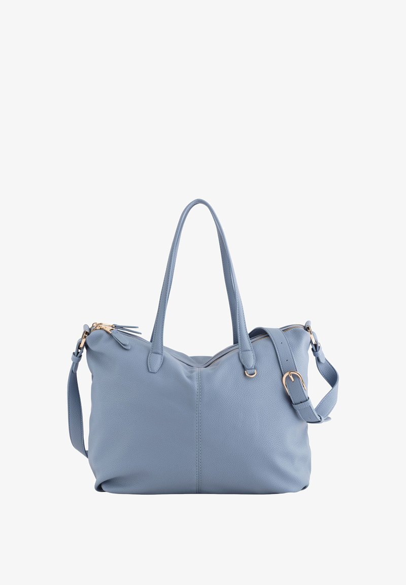Light blue leather handbag with double handles, adjustable strap, zip closure, and gold-tone hardware. Soft, textured finish.