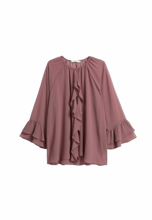 Geverfde mauve blouse met lange klokmouwen, ronde halslijn en een geplooid voorpand, gemaakt van lichte stof.