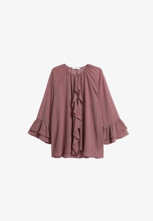 Geverfde mauve blouse met lange klokmouwen, ronde halslijn en een geplooid voorpand, gemaakt van lichte stof.