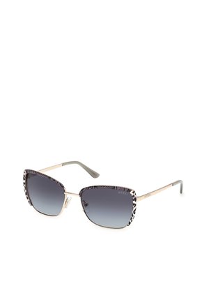 Gafas de sol con forma cuadrada, lentes de oscurecimiento gradual, montura negra y gris con patrones, y detalles metálicos en tono dorado en las varillas.