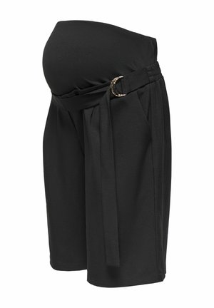 Pantaloncini premaman neri con fascia elastica in vita e cintura in tessuto con fibbia ad anello metallico sul lato.