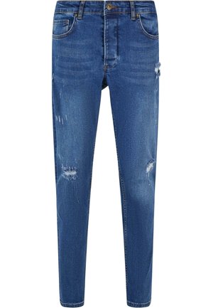 Mørkeblå denim jeans med slim fit, der har slidte lapper og knaplukning. Fem-lomme design med subtile syninger.