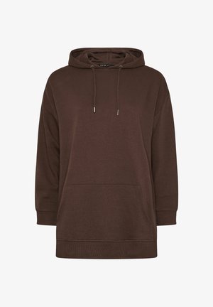 Brown hooded sweatshirt in soft fabric, featuring a kangaroo pocket, drawstring closure, and ribbed cuffs. Relaxed fit design.