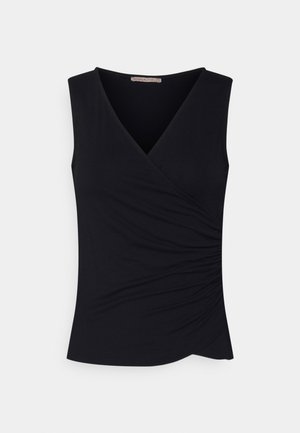 Black sleeveless top with a V-neck and gathered side detailing. Made from a smooth, stretchy fabric. Classic fitted silhouette.