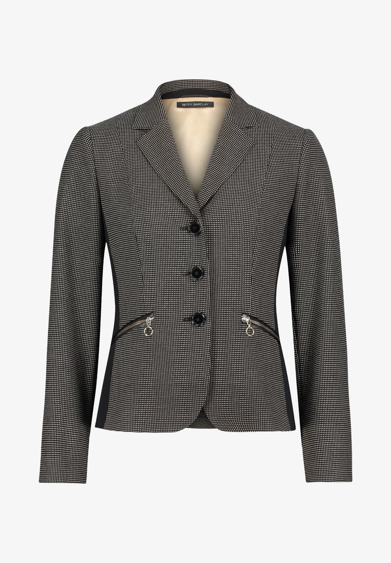 Skräddarsydd kavaj i svart och vitt houndstooth-mönster med slag, tre knappstängningar och dragkedjefickor på sidan. Slät textur.