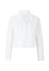 Weißer Denim-Jacke mit cropped Design, zwei Brusttaschen, Knopfverschluss und spitzem Kragen. Glatte Textur und minimale Details.