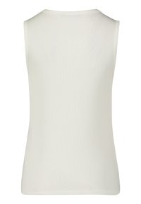 Débardeur blanc sans manches en tissu côtelé. Il présente un neckline rond et une coupe ajustée, sans logos ni motifs visibles.