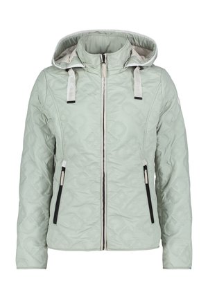 Light green quilted jacket with a hood, featuring a zip front, two side pockets, and black zipper accents. Textured fabric with a subtle pattern.