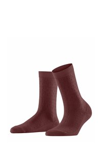 Burgunderfarbene Baumwollsocken mit gerippten Bündchen und kleinen Punktmustern; Knöchellänge mit glatter Textur und verstärktem Zehenbereich.