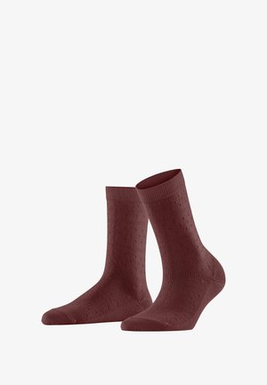 Chaussettes en coton bourgogne avec des poignets côtelés et de petits motifs en pointillés ; longueur mi-mollet avec une texture lisse et un orteil renforcé.