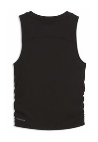 Haut sans manches noir en tissu côtelé avec un col rond, présentant un design froncé à l'arrière et le logo "CLOUDSPUN" à l'ourlet.