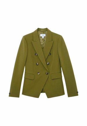 Olivgrüner, doppelreihiger Blazer mit Reverskragen, sechs Knöpfen, vorderen Pattentaschen und langen Ärmeln.