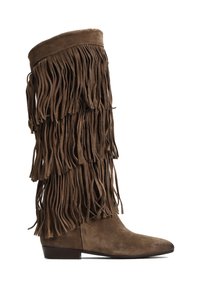 Brązowe zamszowe botki do kolan z frędzlami, zaokrąglonym noskiem i niskim obcasem w kształcie bloku. Gładka tekstura, wielowarstwowe frędzle wzdłuż cholewki.