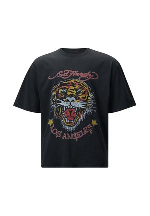 Black short-sleeved t-shirt featuring a large, colorful tiger graphic print, with red and yellow accents, and "Ed Hardy Los Angeles" text.