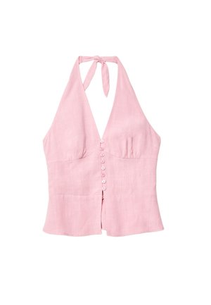 Lyserød linned halterneck-top med V-hals, der har en knaplukning foran og en snøring om halsen. Enkel design og struktureret stof.