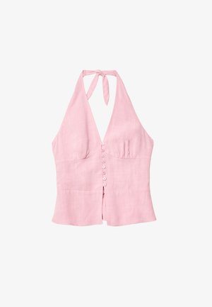 Top halter in lino rosa con scollo a V, caratterizzato da una chiusura a bottoni sul davanti e un laccio al collo. Design semplice e tessuto texturizzato.