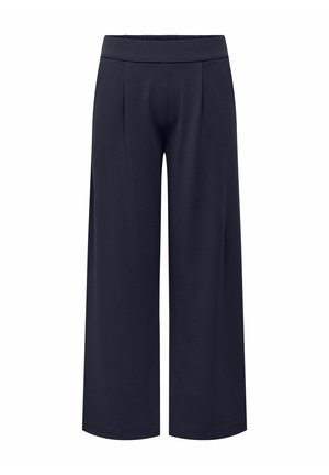 Pantaloni a gamba larga di colore blu navy realizzati in tessuto morbido, con una vita alta e pieghe frontali per una maggiore struttura. Tessuto liscio, senza motivi visibili.