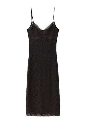 Robe midi en dentelle noire avec fines bretelles spaghetti et corsage ajusté présentant des détails floraux en dentelle.