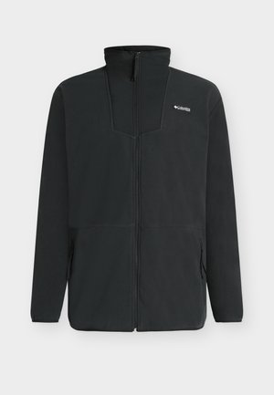 Chaqueta de forro polar negra con cremallera completa, cuello alto, bolsillos laterales con cremallera y pequeño logo blanco de Columbia en el pecho izquierdo.