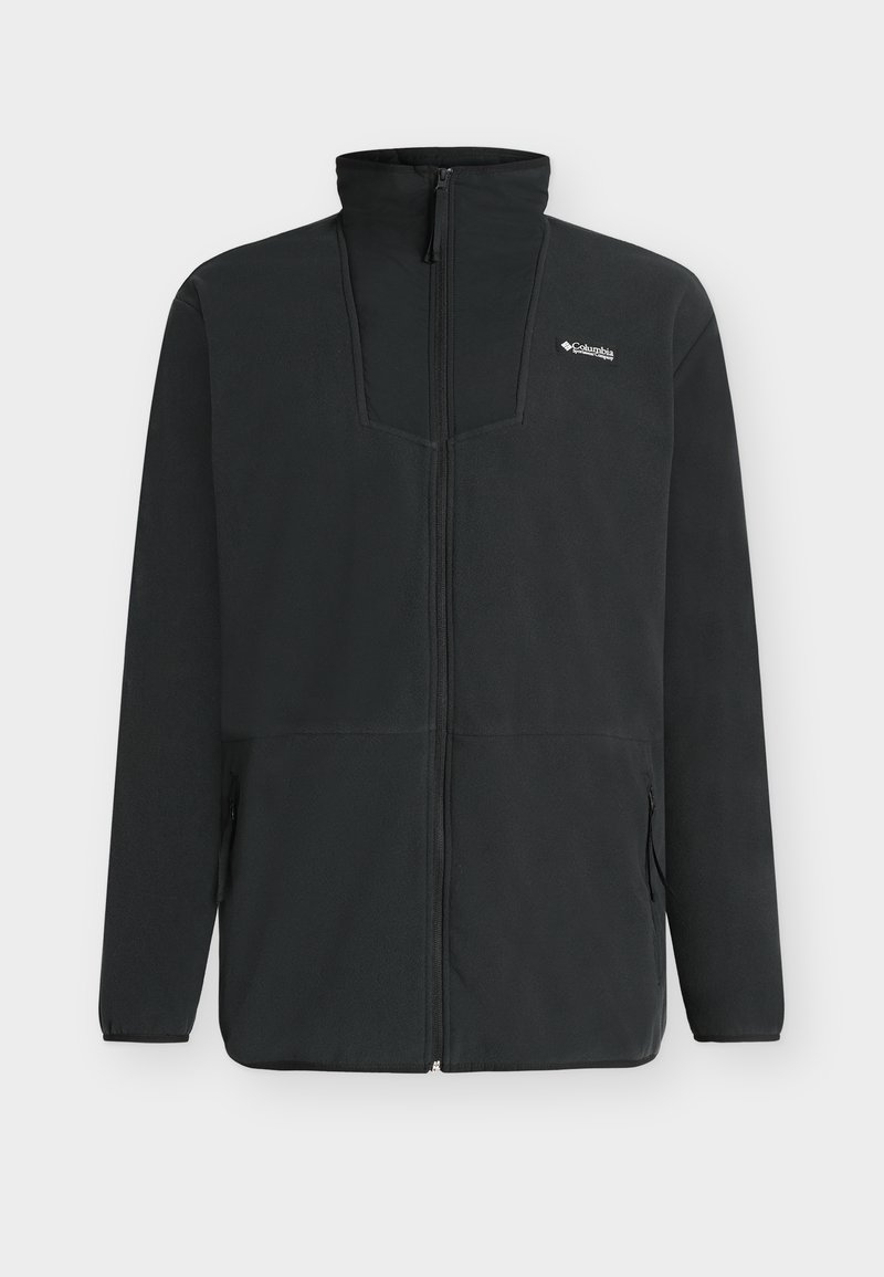 Μαύρο φλις μπουφάν με πλήρες φερμουάρ, ψηλό γιακά, πλαϊνές τσέπες με φερμουάρ και μικρό λευκό λογότυπο Columbia στο αριστερό στήθος.