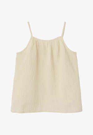 Lichtbeige mouwloze top met spaghettibandjes, gemaakt van textuurstof. Heeft een losse pasvorm en een geraffineerde halslijn voor extra detail.