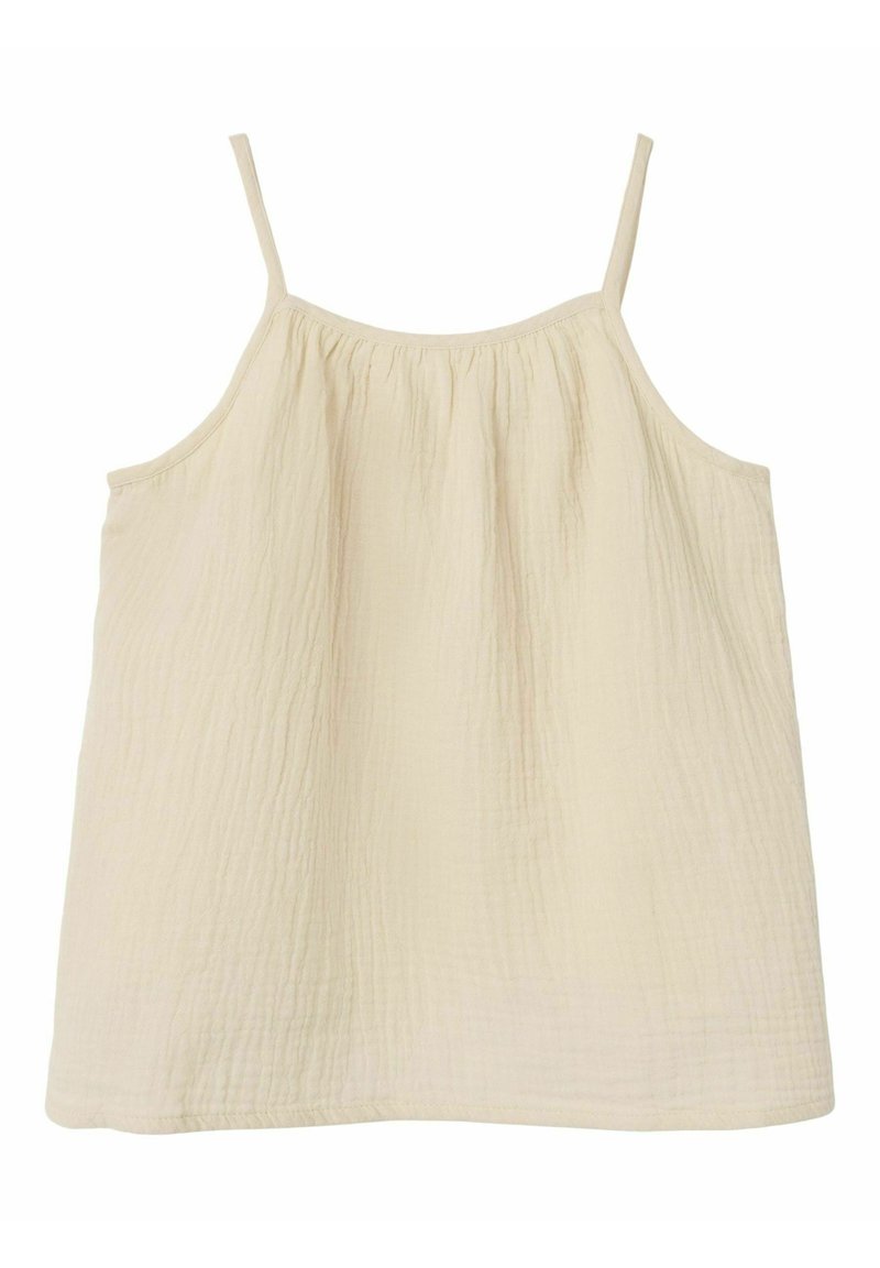Top senza maniche beige chiaro con spalline sottili, realizzato in tessuto testurizzato. Presenta una vestibilità ampia e un colletto arricciato per un tocco di dettaglio.