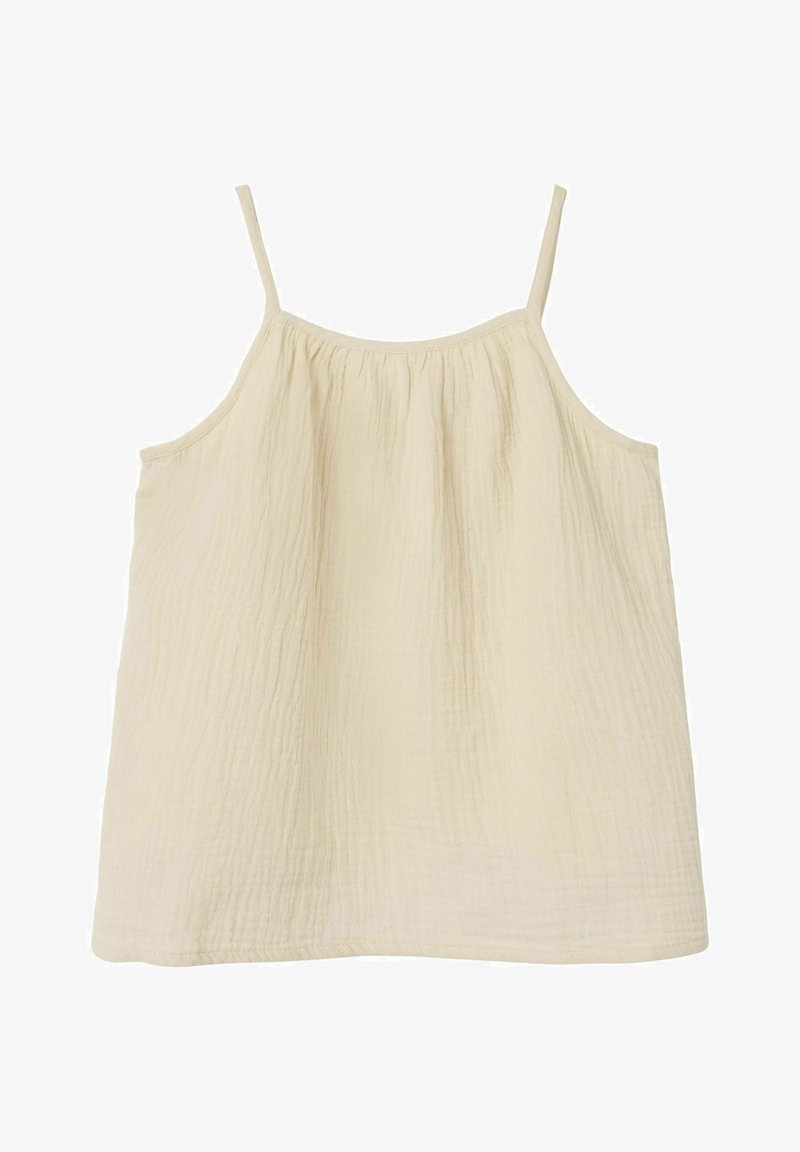 Top senza maniche beige chiaro con spalline sottili, realizzato in tessuto testurizzato. Presenta una vestibilità ampia e un colletto arricciato per un tocco di dettaglio.