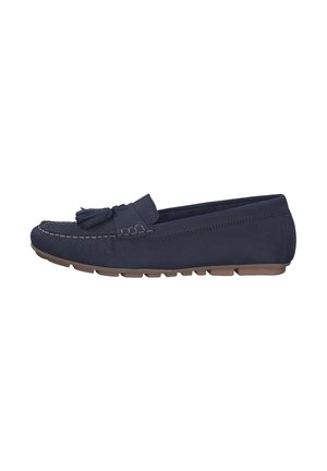 Navy leather loafer with decorative tassel, tonal stitching, padded insole, and rubber sole. Low-profile design with rounded toe.
