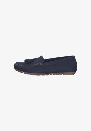 Navy blauer Leder Slipper mit dekorativem Quast, tonalem Nähen, gepolsterter Innensohle und Gummisohle. Niedrigprofil-Design mit abgerundetem Zehenbereich.