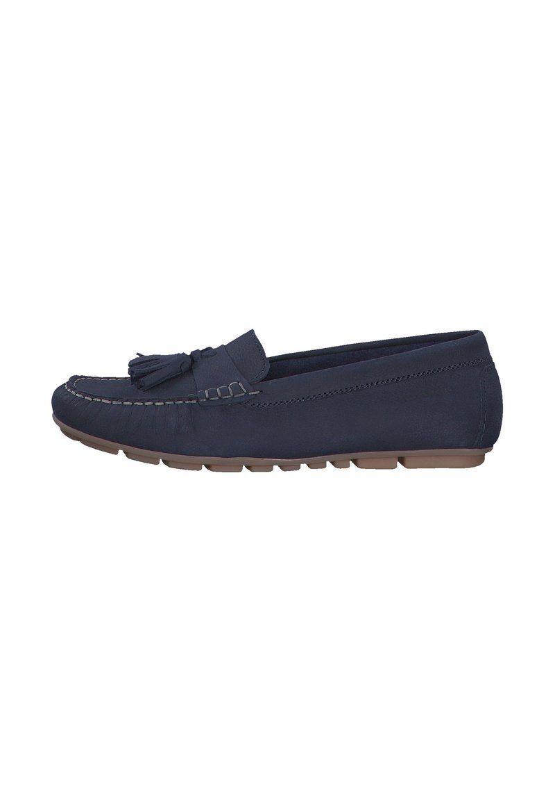 Navy blauer Leder Slipper mit dekorativem Quast, tonalem Nähen, gepolsterter Innensohle und Gummisohle. Niedrigprofil-Design mit abgerundetem Zehenbereich.