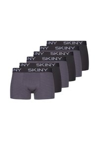 Sechs Paare Herren-Boxershorts in abwechselnd einfarbig Schwarz und dunkelgrauen Streifen, jeweils mit einem schwarzen Bündchen, auf dem "SKINY" in Weiß steht.