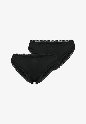 Zwei schwarze Damen-Bikini-Unterhosen mit Spitzenbesatz an Taille und Beinöffnungen, auf weißem Hintergrund dargestellt.